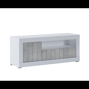 Mobile TV Basso In Melaminico Con Anta Laterale E A Ribalta Vano Giorno Ripiani Interni Soggiorno Salotto 136.9x41.8x56 Cm Bianco Grigio Cemento