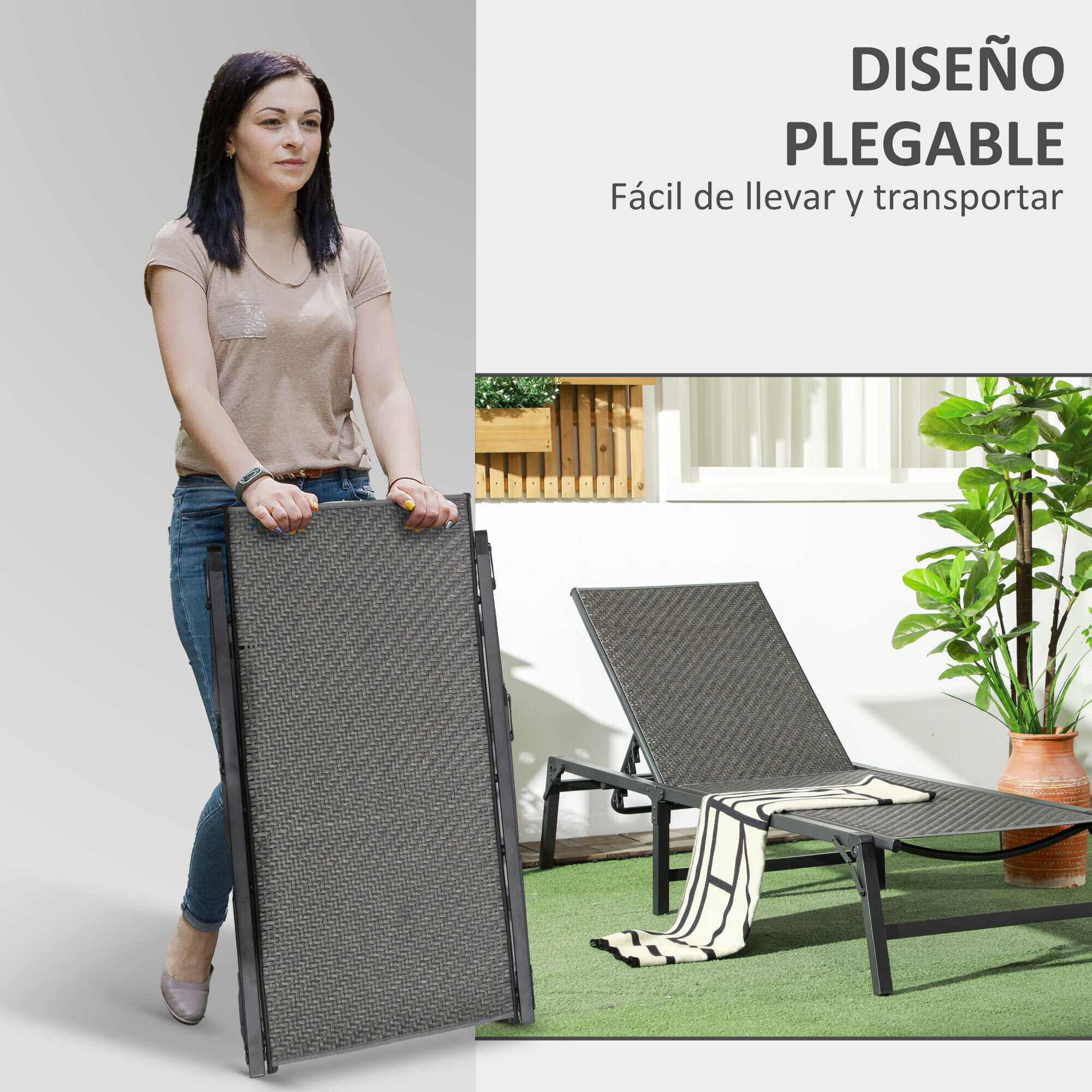 Outsunny Tumbona de Ratán Sintético Plegable Tumbona para Jardín con Respaldo Ajustable en 5 Niveles y Marco de Acero Carga 150 kg para Patio Terraza Gris