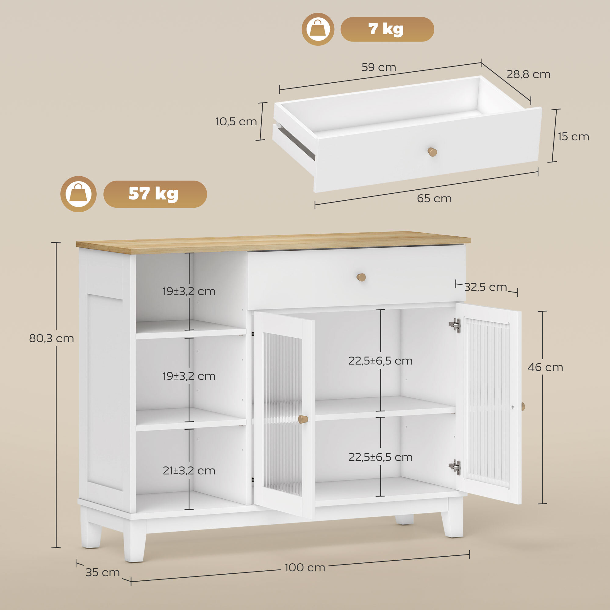 Buffet 2 portes verre effet cannelé étagère tiroir 3 niches dim. 100 x 35 x 80,3 cm blanc effet bois clair