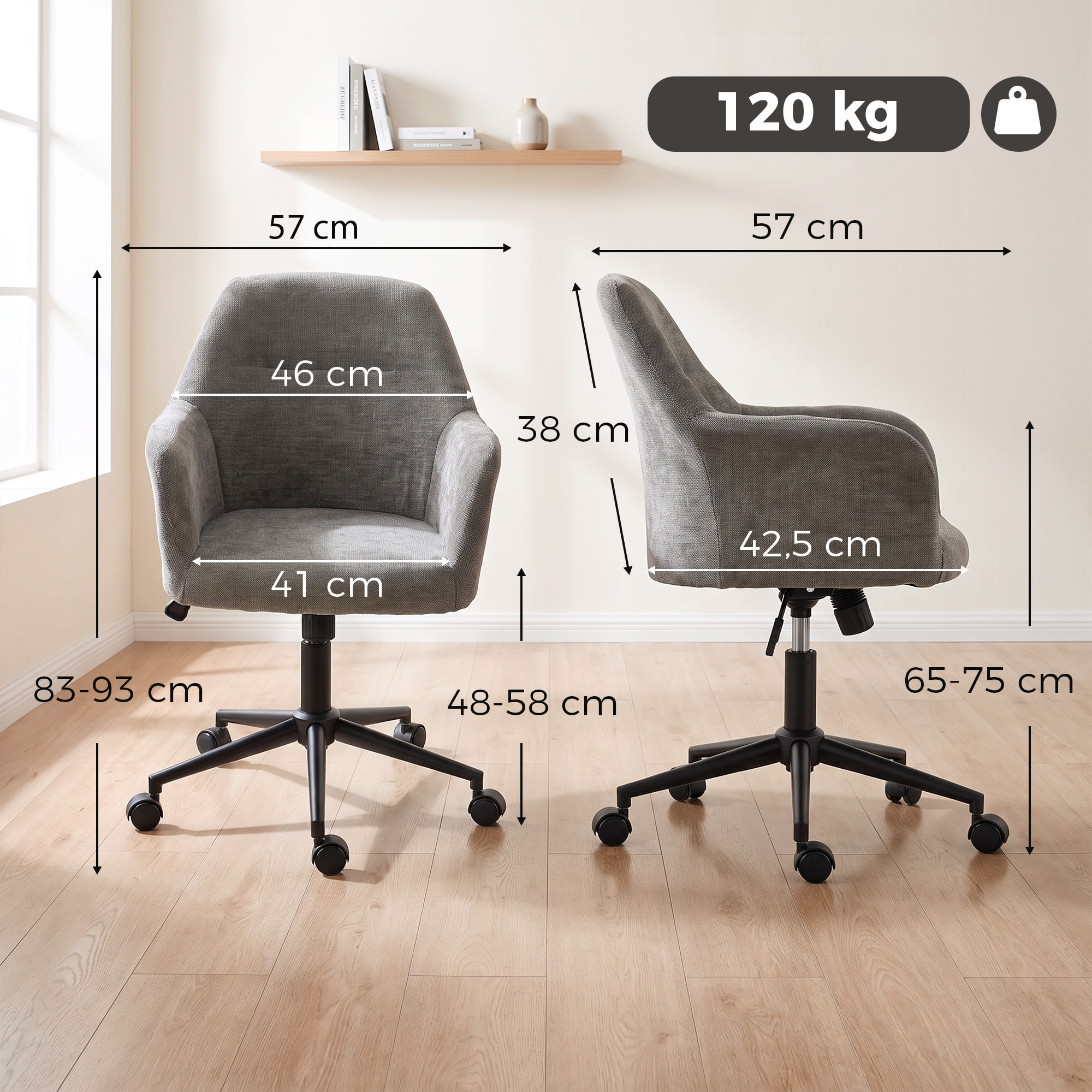 HOMCOM Silla de Oficina con Ruedas, Silla de Escritorio de Chenilla con Función Basculante, Acolchado Grueso, Altura Ajustable, Reposabrazos, para Casa, Oficina, Gris