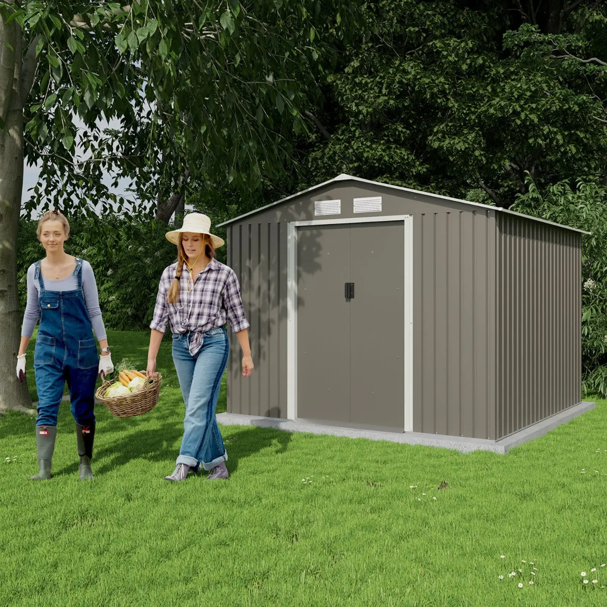 Abri de jardin métal gris/vert 5,8 m² + kit d'ancrage