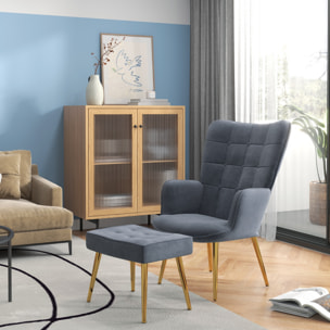Fauteuil design à oreilles avec repose-pieds métal doré velours gris