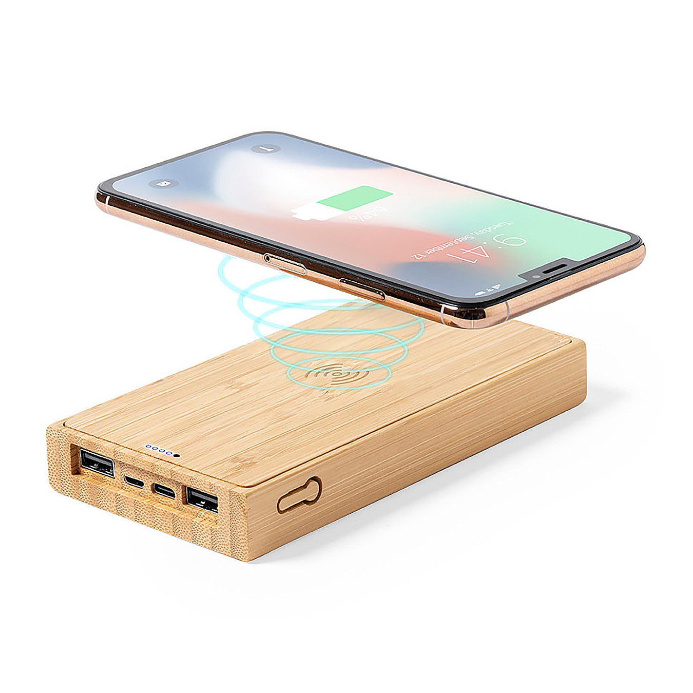 Power Bank natura bambù Qi 5W. 10000 mAh. Ricarica solare. 2 uscite USB e 1 ingresso di tipo C. Micro USB e ingresso di tipo C