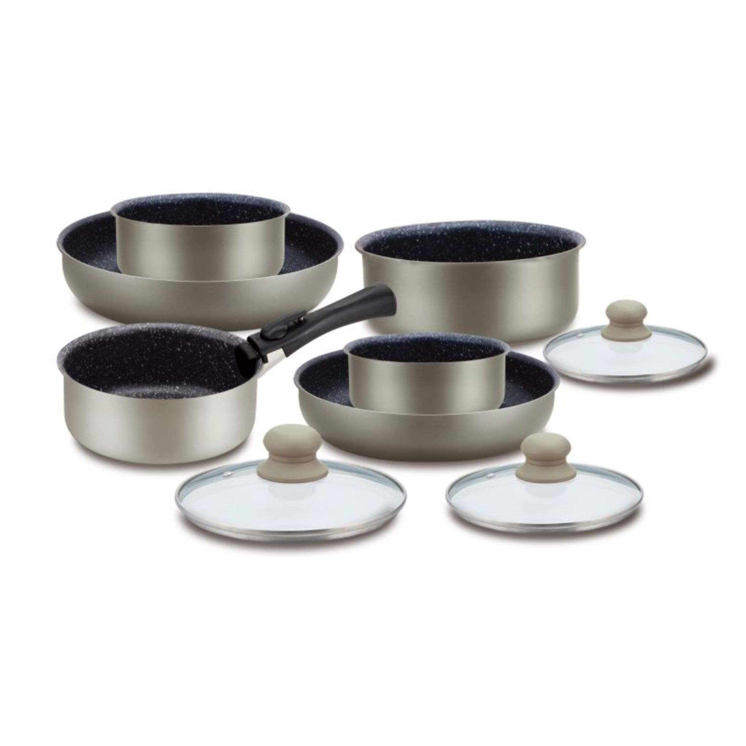 Batterie de cuisine revetement pierre avec manche amovible 10 pieces carbon Herzberg HG5000-CAR