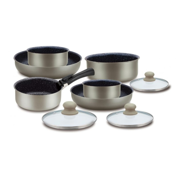 Batterie de cuisine revetement pierre avec manche amovible 10 pieces carbon Herzberg HG5000-CAR