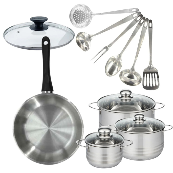 Set de 1 poêle 28 cm inox, couvercle verre, 3 faitouts inox 16, 20 et 24 cm et 6 ustensiles inox Fackelmann Geneva