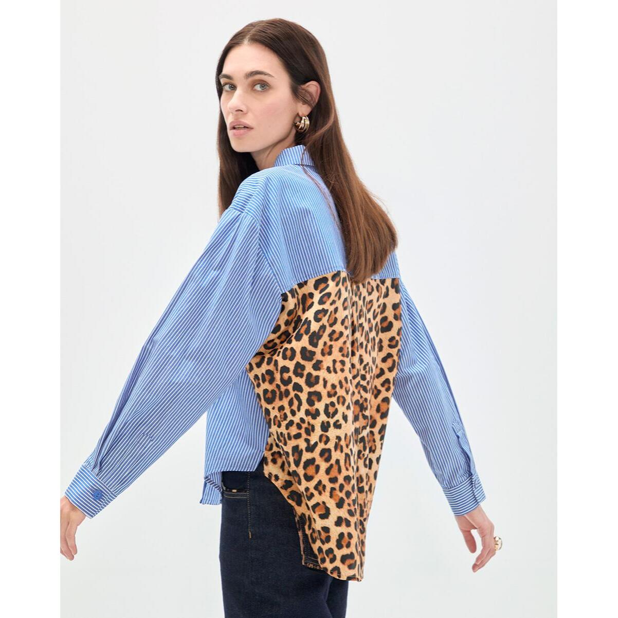 Camicia in popeline con righe stampate animalier