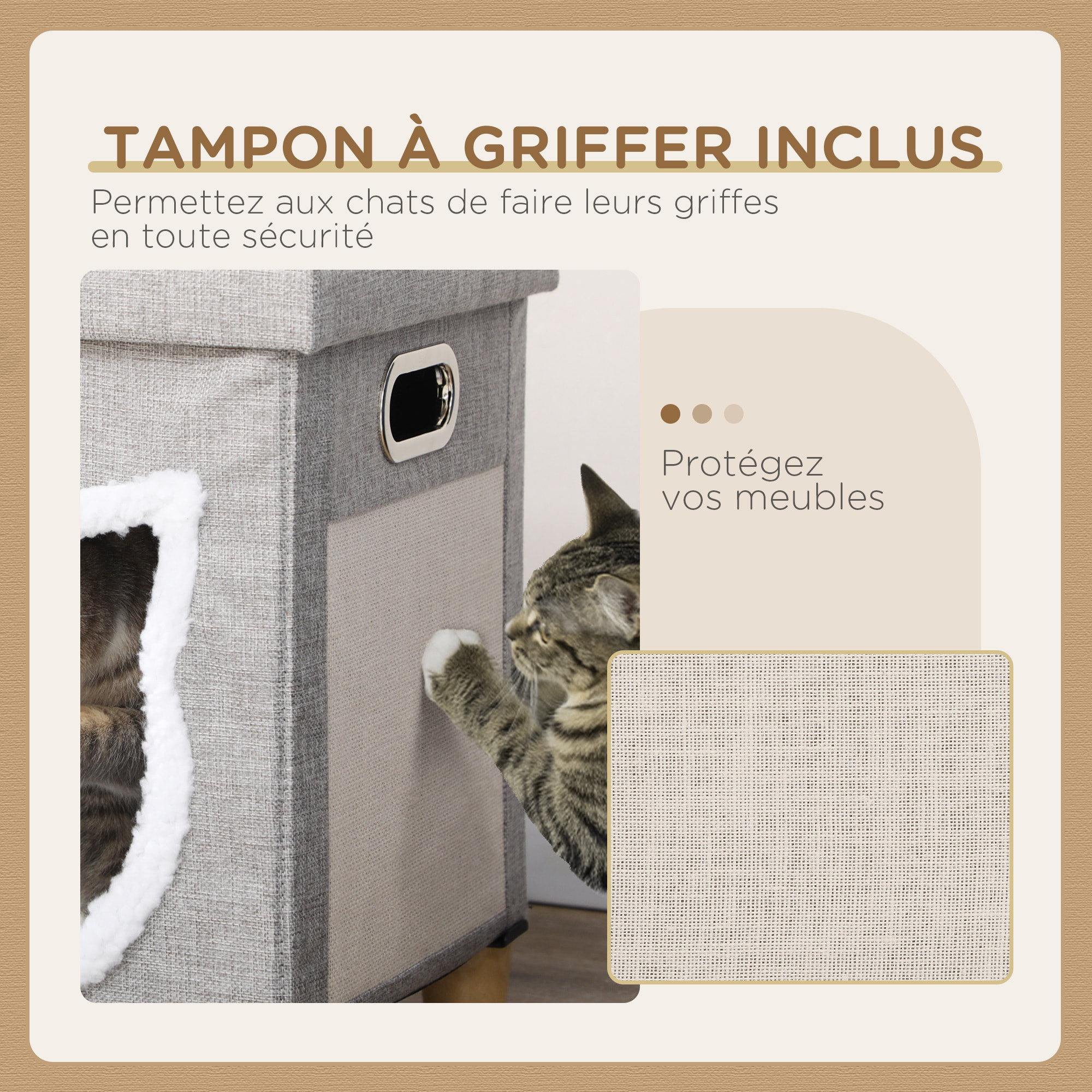 Niche chat grattoir pouf 3 en 1 design porte tête de chat - coussin bouclette amovible inclus - tissu gris