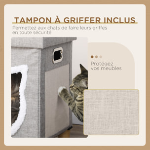 Niche chat grattoir pouf 3 en 1 design porte tête de chat - coussin bouclette amovible inclus - tissu gris