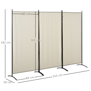 Biombo de 3 Paneles Biombo Separador de Ambientes 253x50x182 cm Divisor de Habitación Plegable con 6 Pies de Metal Pantalla de Privacidad para Oficina Dormitorio Beige