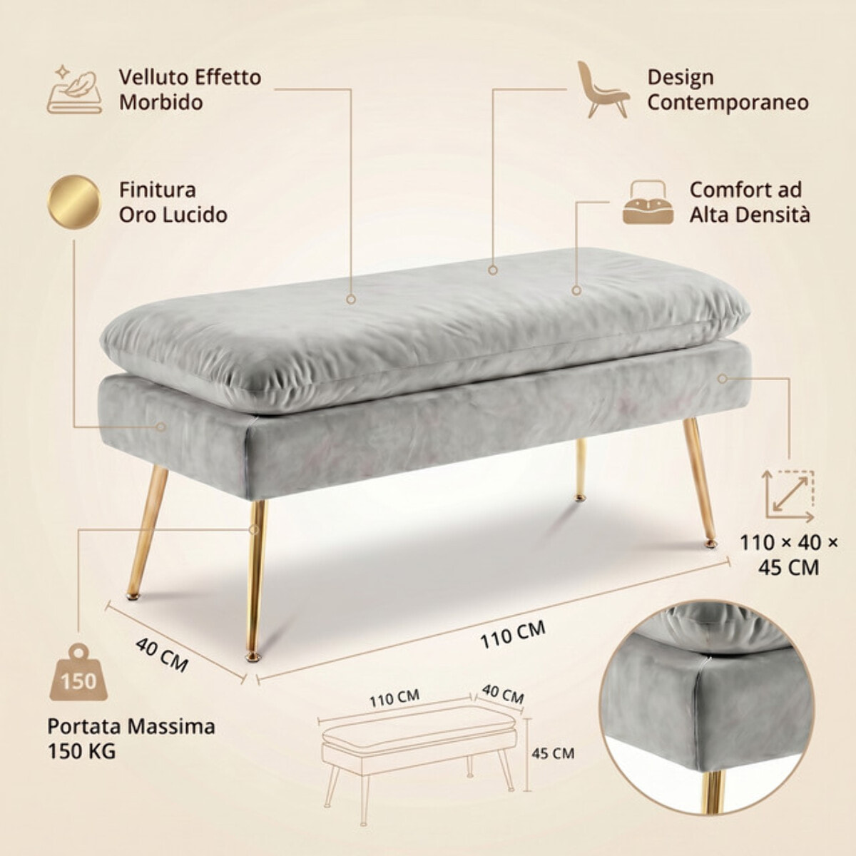 Panca Contenitore Imbottita in Effetto Velluto con Ampio Vano Portaoggetti, Seduta Confortevole e Gambe in Acciaio, Design Moderno per Camera da Letto, Ingresso e Soggiorno