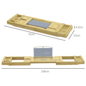 Pont plateau de baignoire extensible 75-109L cm - porte-gobelet et savon - bambou verni