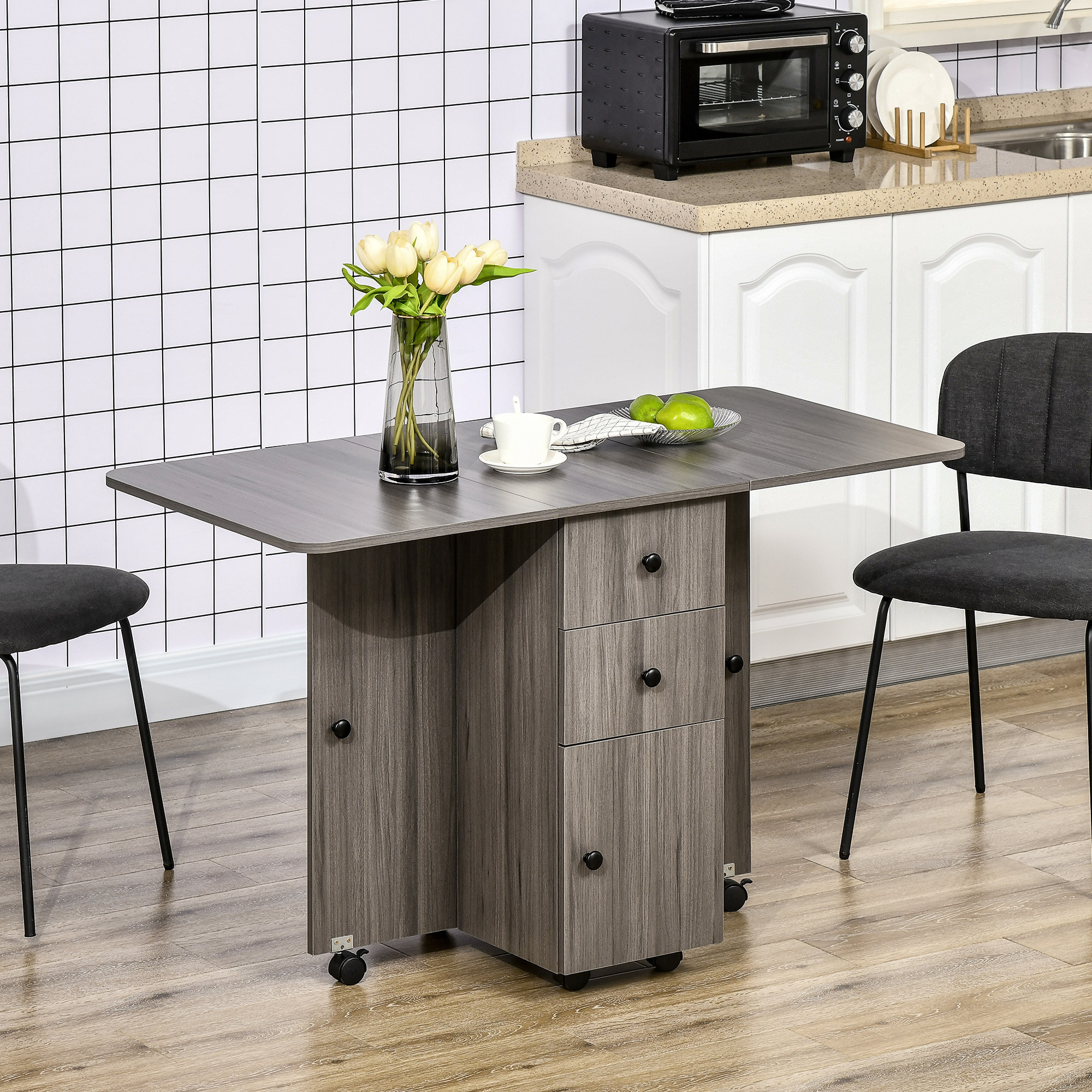 Table pliable de cuisine salle à manger - 2 tiroirs, placard, niche - panneaux aspect bois anthracite