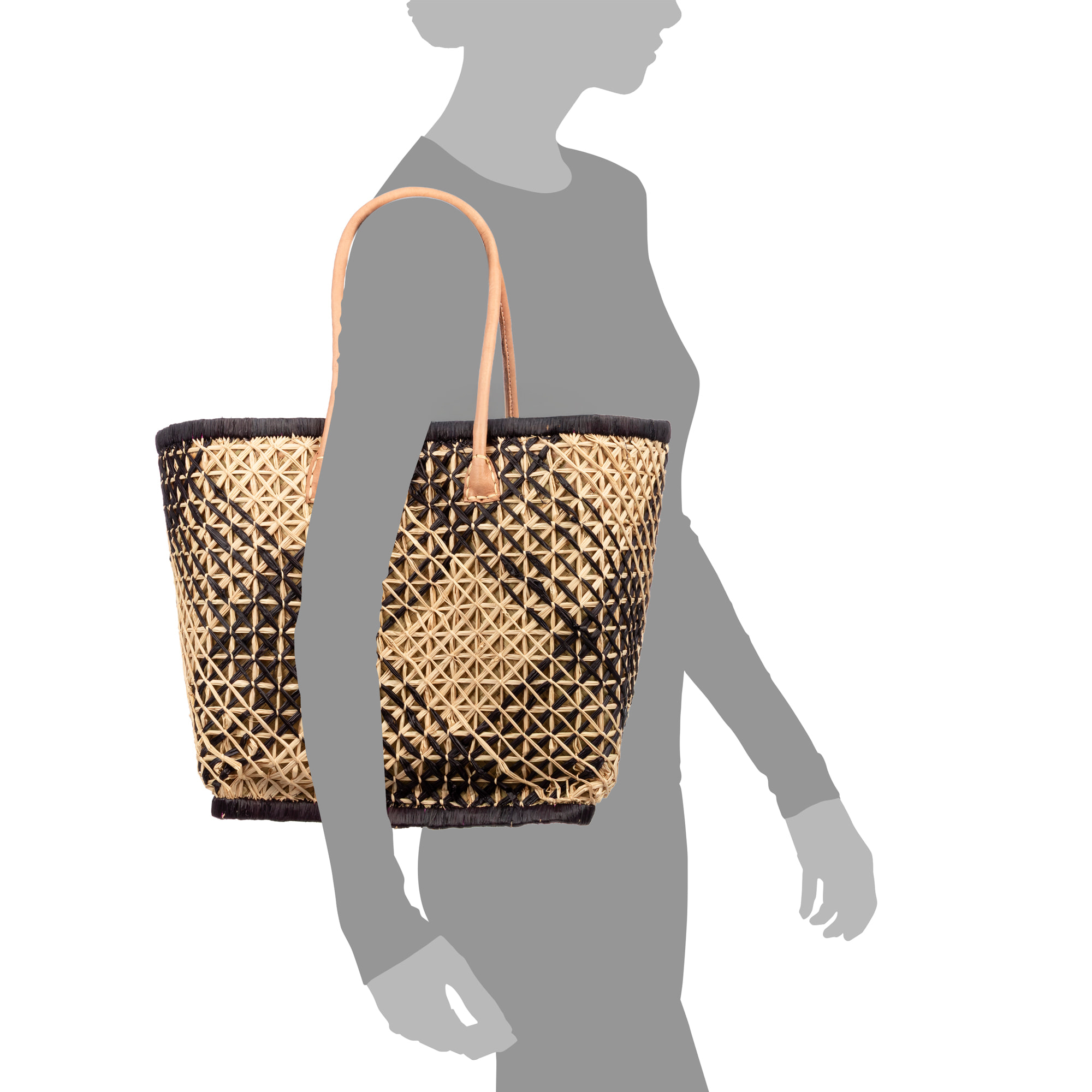 Zavattarello bolso de hombro mujer. Fabricado en rafia y tela, con asas de cuero.