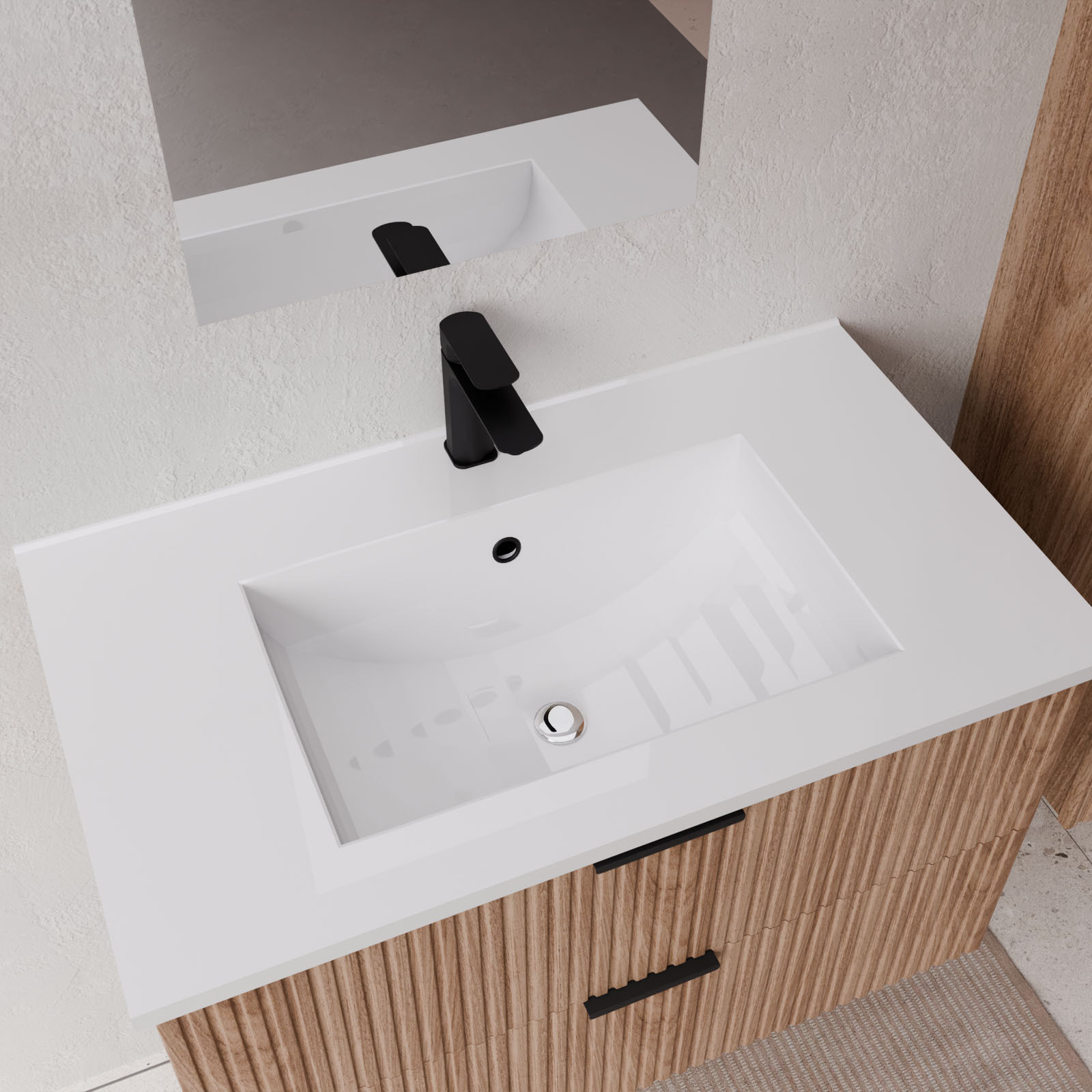 Pack Meuble salle de bain 80cm et Colonne de rangement - Façades Ondulées Décor Bois - MILO