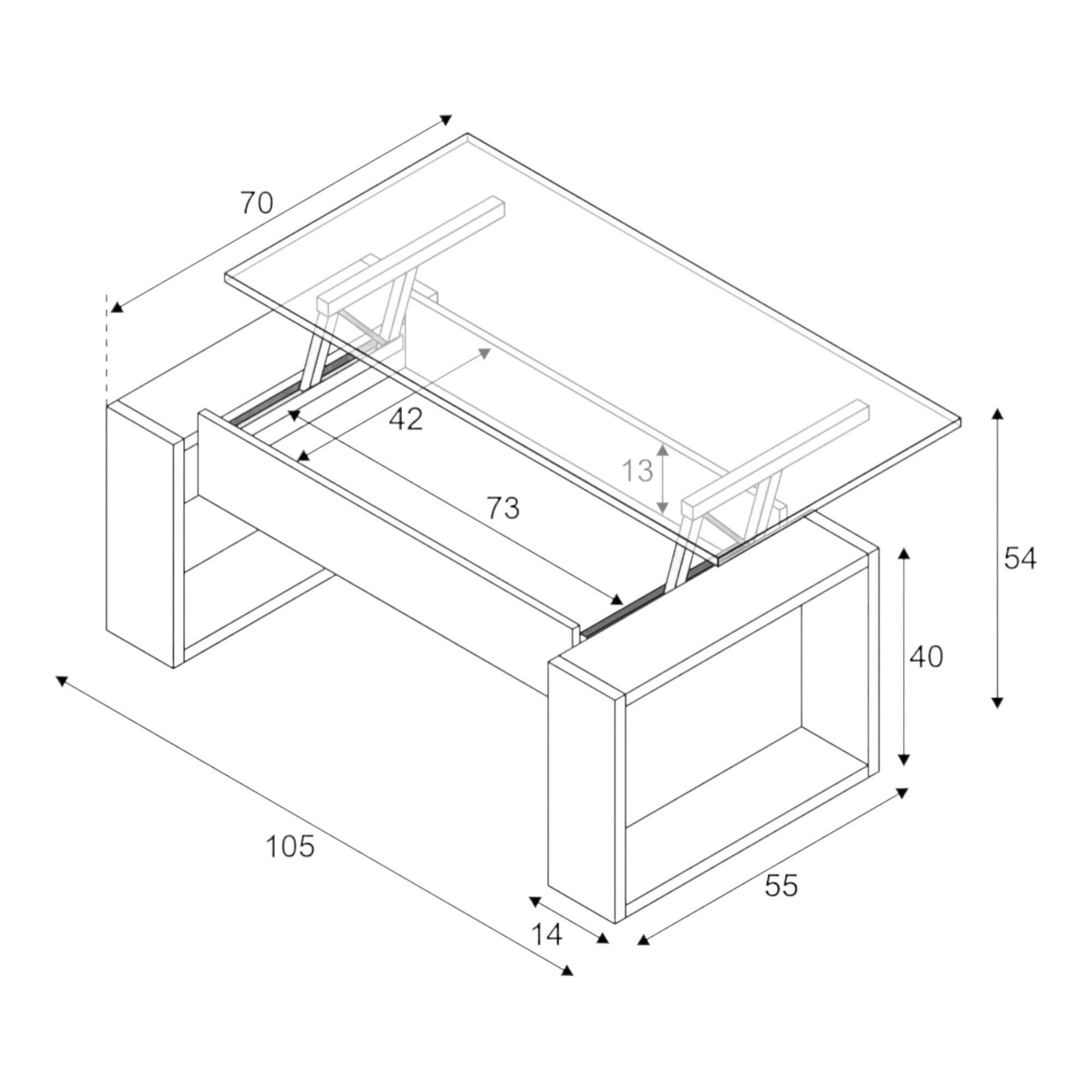 Tavolino da salotto Flint, Tavolino da caffè con piano elevabile, Tavolo basso da soggiorno, cm 105x55h45/56, Rovere nodi