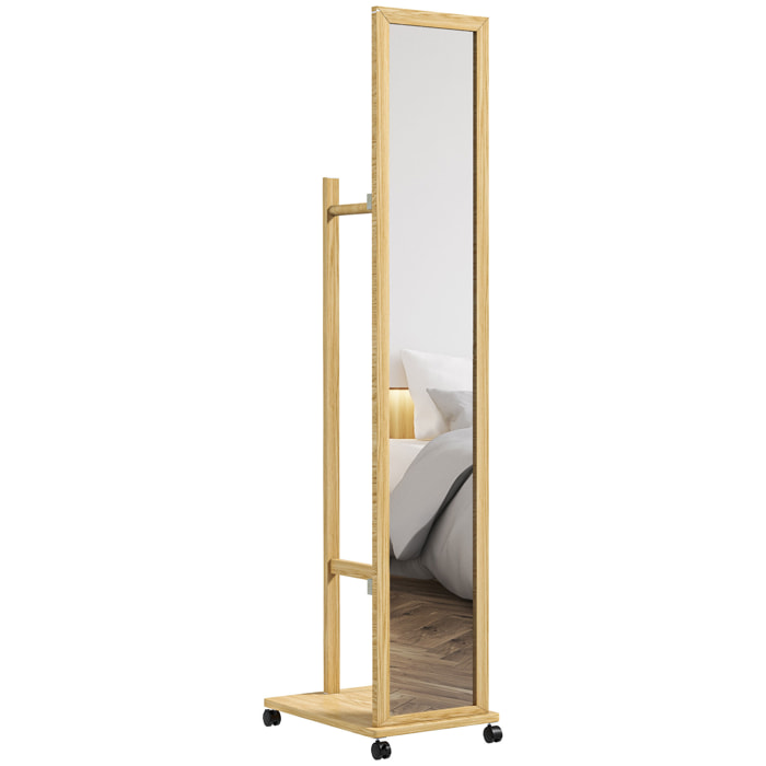 Miroir sur pied avec roulettes - portant, étagère - dim. 49L x 35P x 167H cm - bois de jabon verni