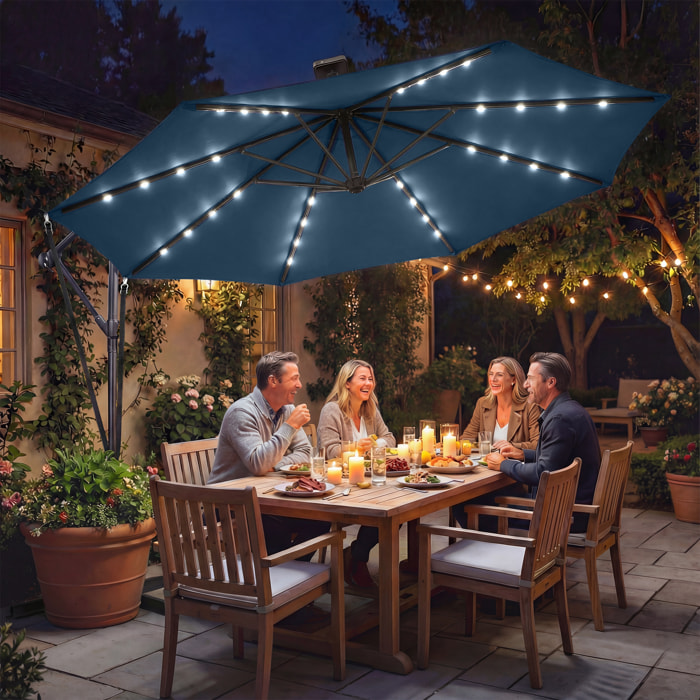 Parasol Excéntrico con Luces LED Solares, Ø345 cm, Sombrilla de Jardín de Aluminio con Base Cruzada, Manivela, Funda Protectora, Cuerdas de Viento, UPF50+, para Terraza, Patio, Azul Marino
