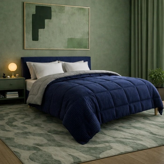 Plaid chaud Coton Club | Microfibre hypoallergénique | Velours côtelé | Réversible & lavable | Bleu