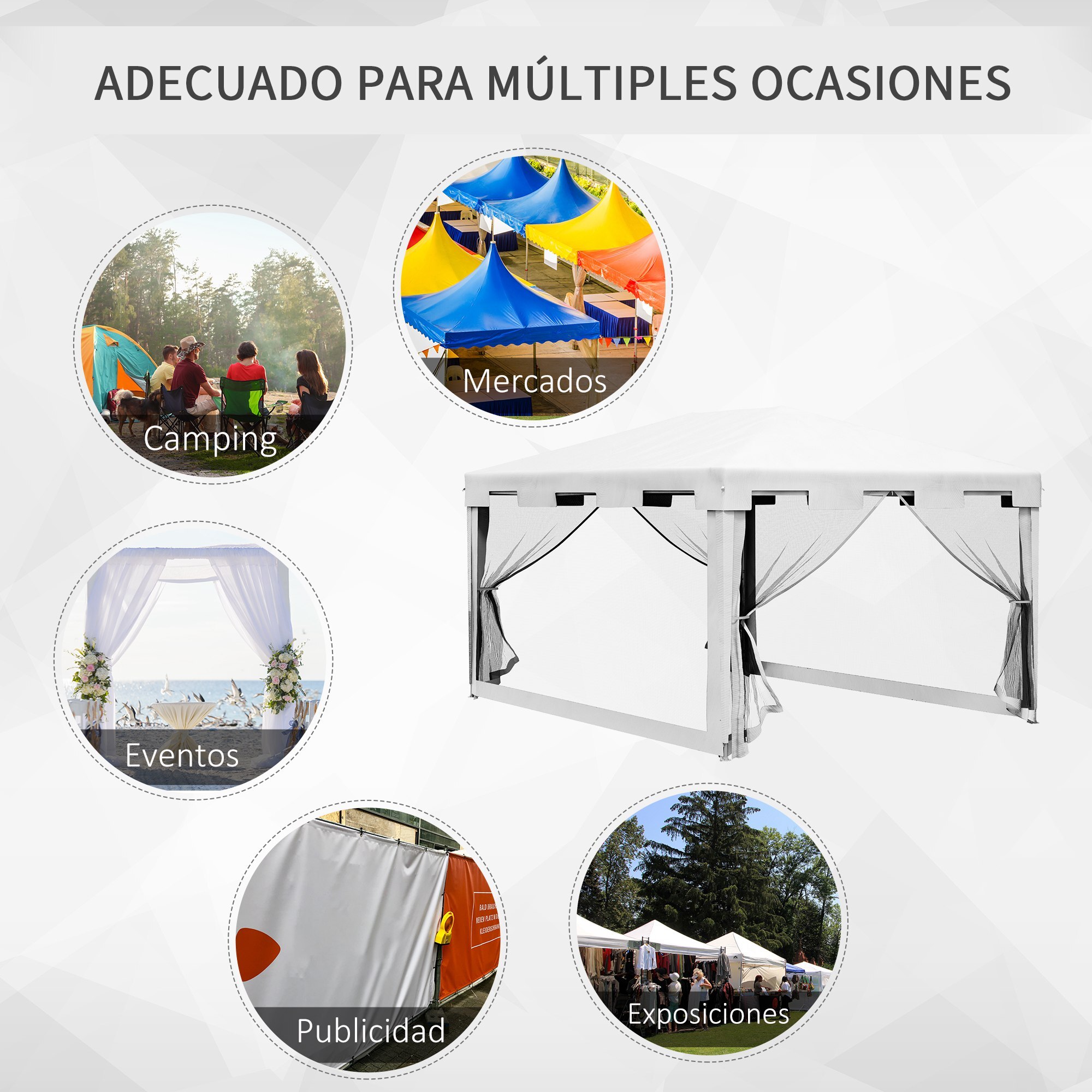 Carpa de Jardín 4x3 m Cenador Desmontable Exterior con 4 Mosquiteras Laterales 2 Puertas con Cremallera y 8 Orificios de Drenaje para Terraza Patio Playa Blanco y Negro