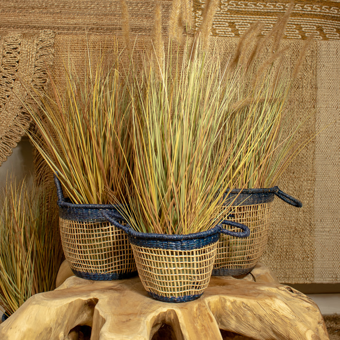 SET DE 3 PANIERS NATUREL &BLEU EN SEAGRASS DIA35X 28/32X26/29X24CM