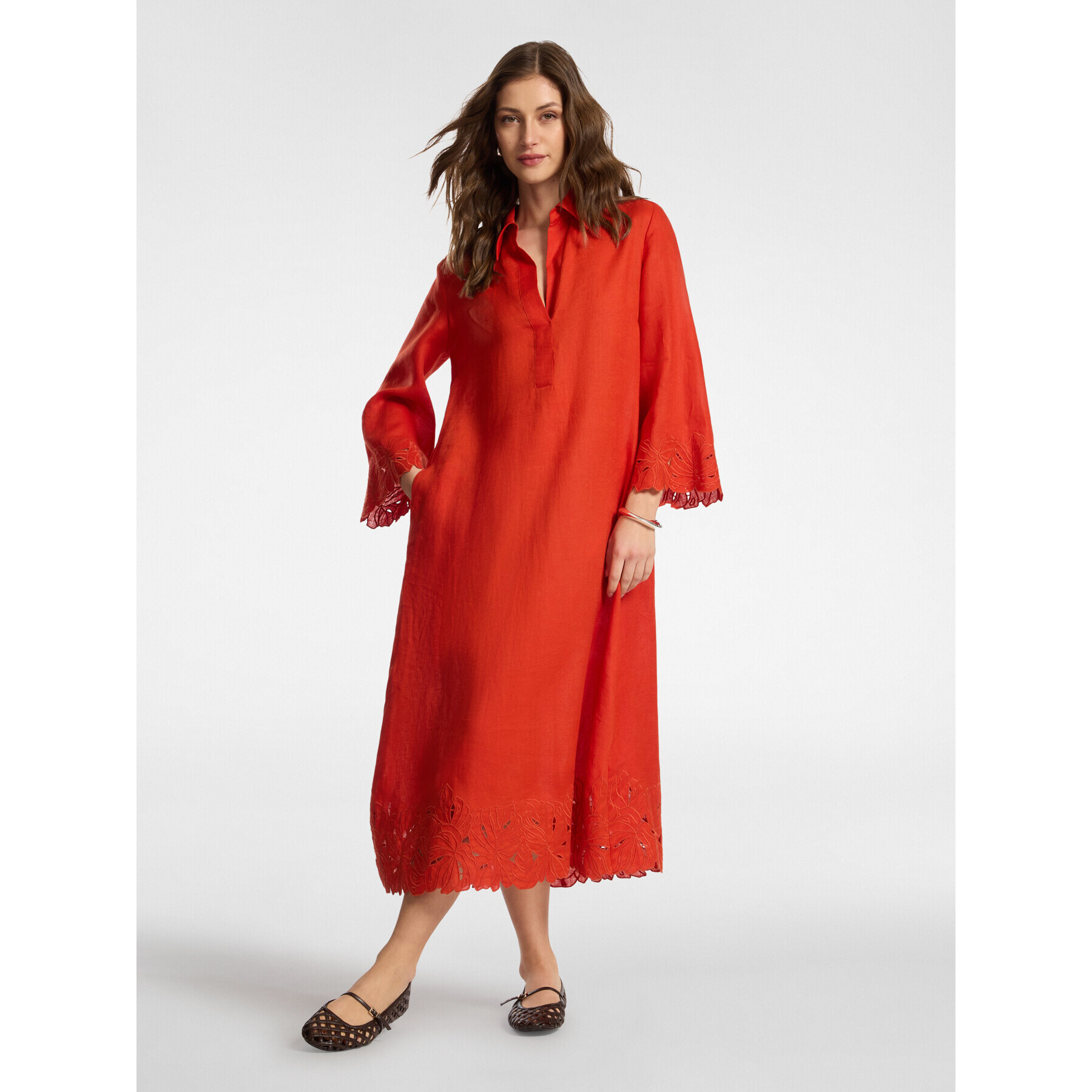 Elena Mirò - Vestido de lino con encaje - Naranja sol