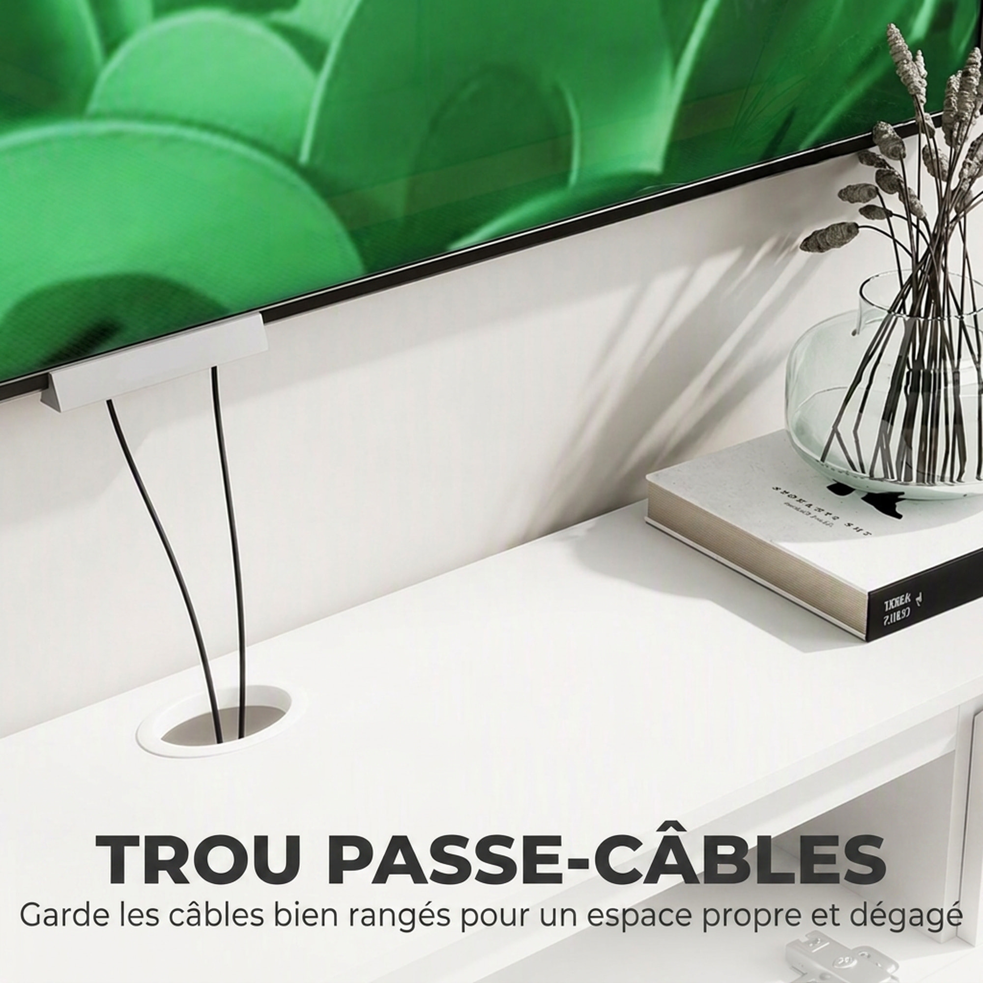 Meuble TV design suspendu flottant LED station charge intégrée blanc