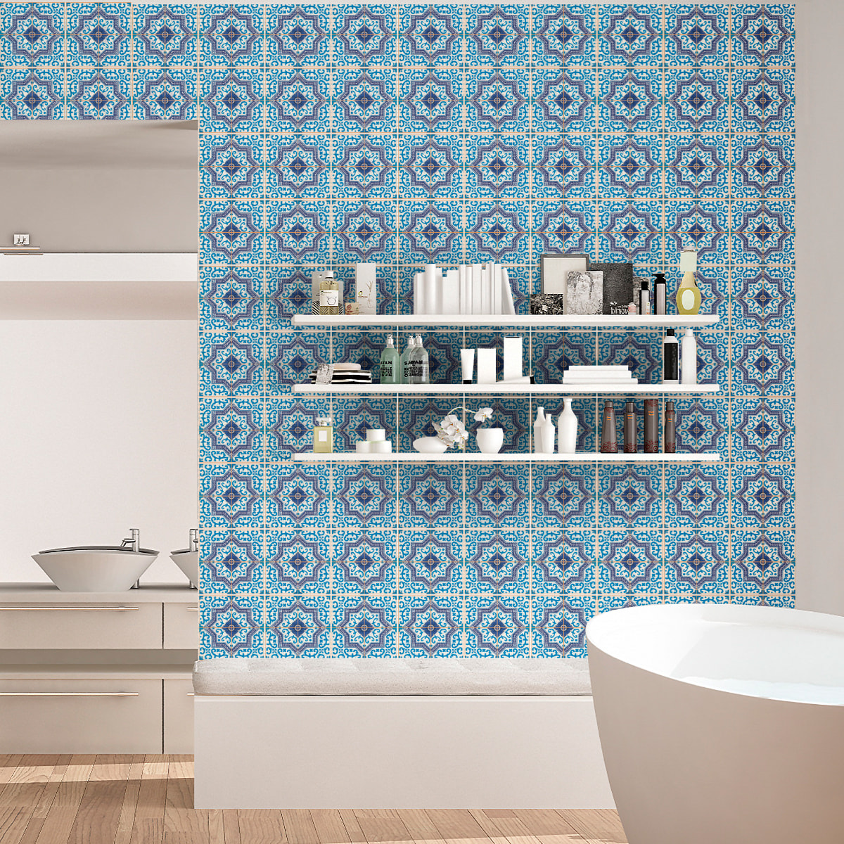 Stickers muraux - Sticker Mural Carrelage adhésif Cuisine Salle de Bain - 24 STICKERS CARREAUX DE CIMENT AZULEJOS HENRIQUE