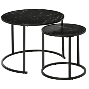 Lot de 2 tables basses rondes gigognes empilables métal noir aspect marbre noir