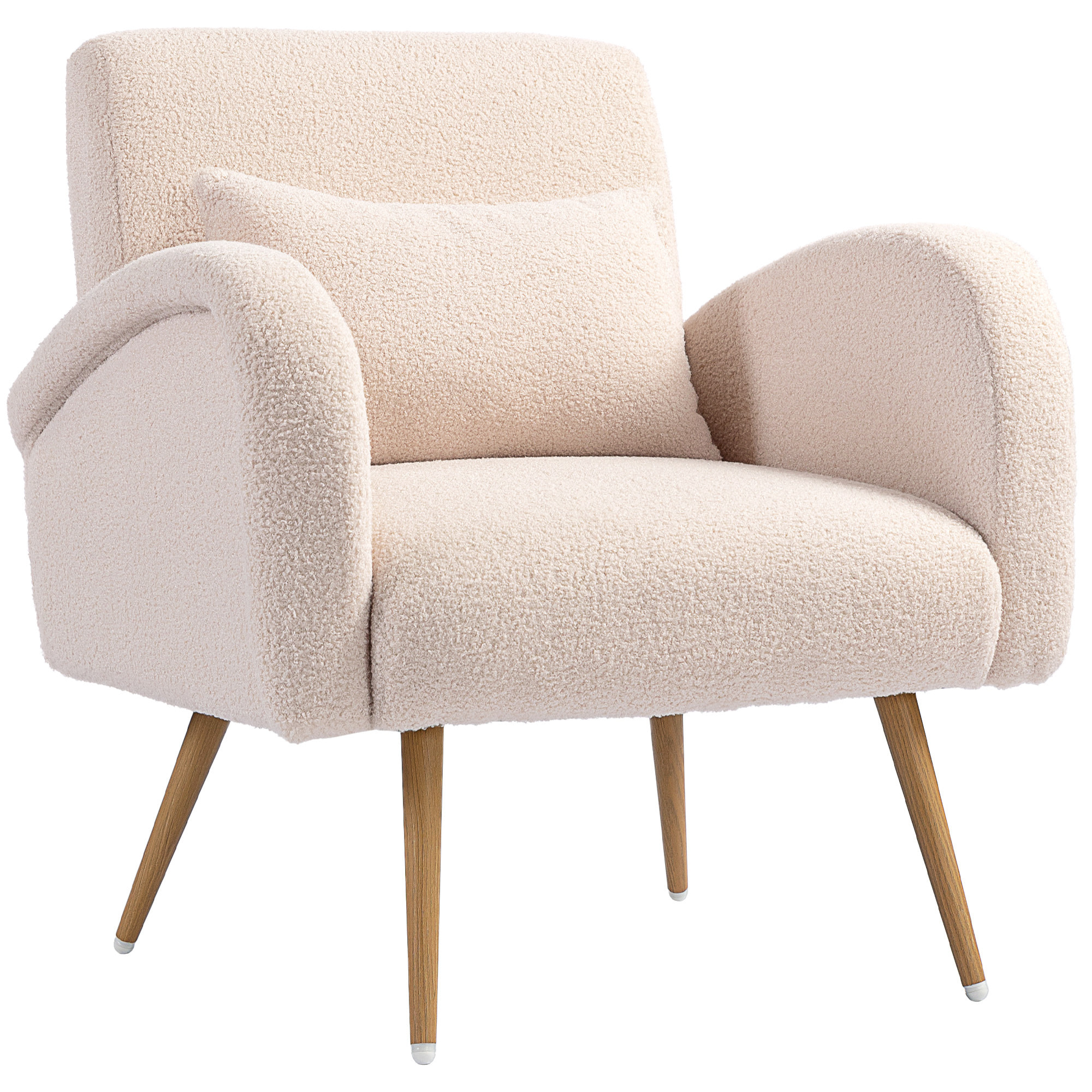 Fauteuil lounge style nordique bouclette piètement effilé incliné métal effet bois
