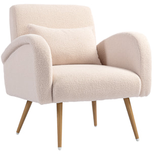 Fauteuil lounge style nordique bouclette piètement effilé incliné métal effet bois