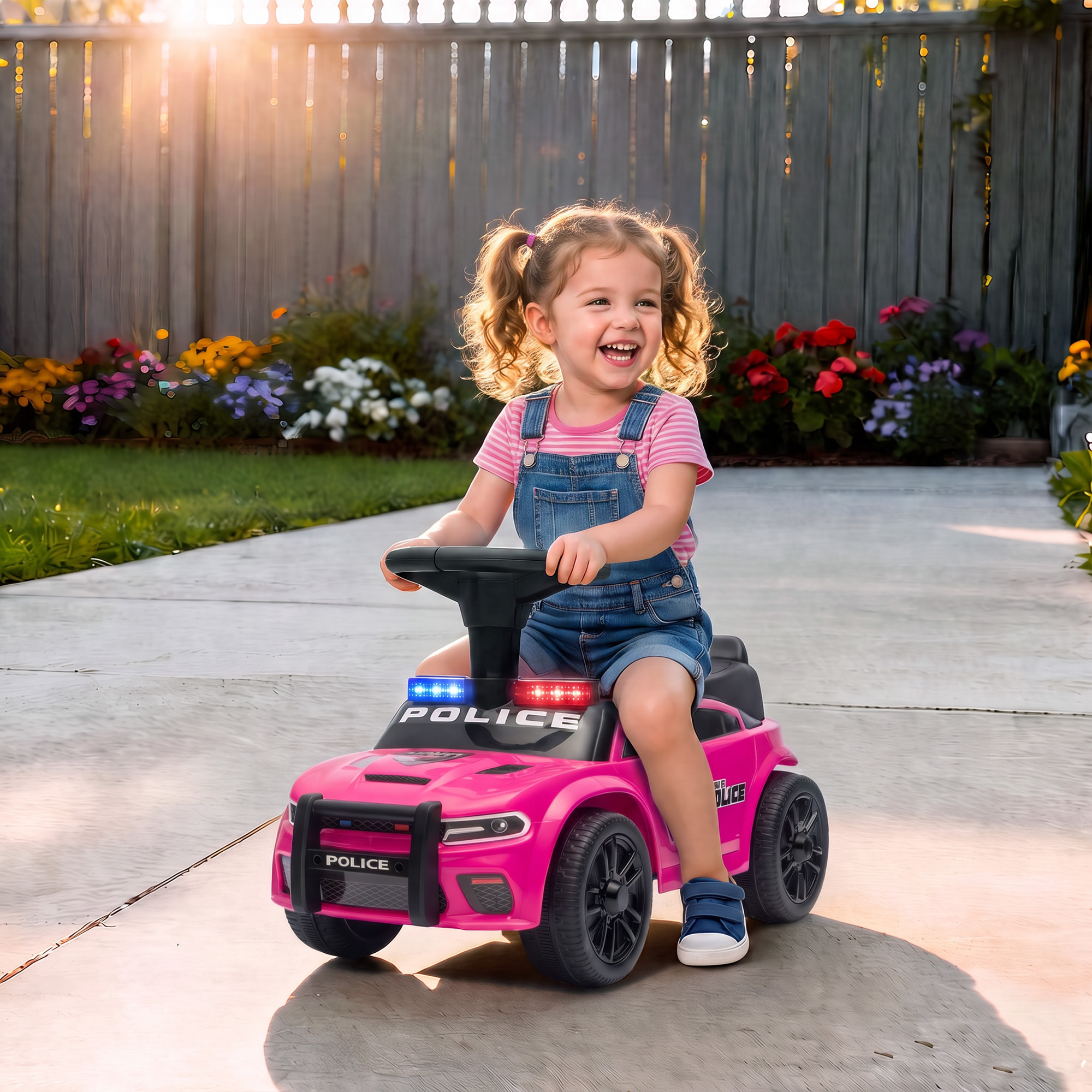 AIYAPLAY Coche Correpasillos de Policía para Niños de 18-36 Meses, Correpasillos con Luz, Música y Espacio de Almacenaje, 65x29,5x36 cm, Rosa