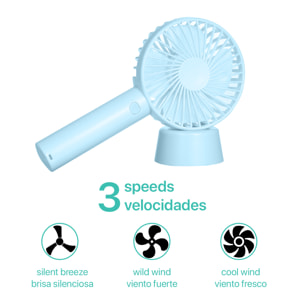 Mini ventilatore portatile con batteria e supporto da scrivania.