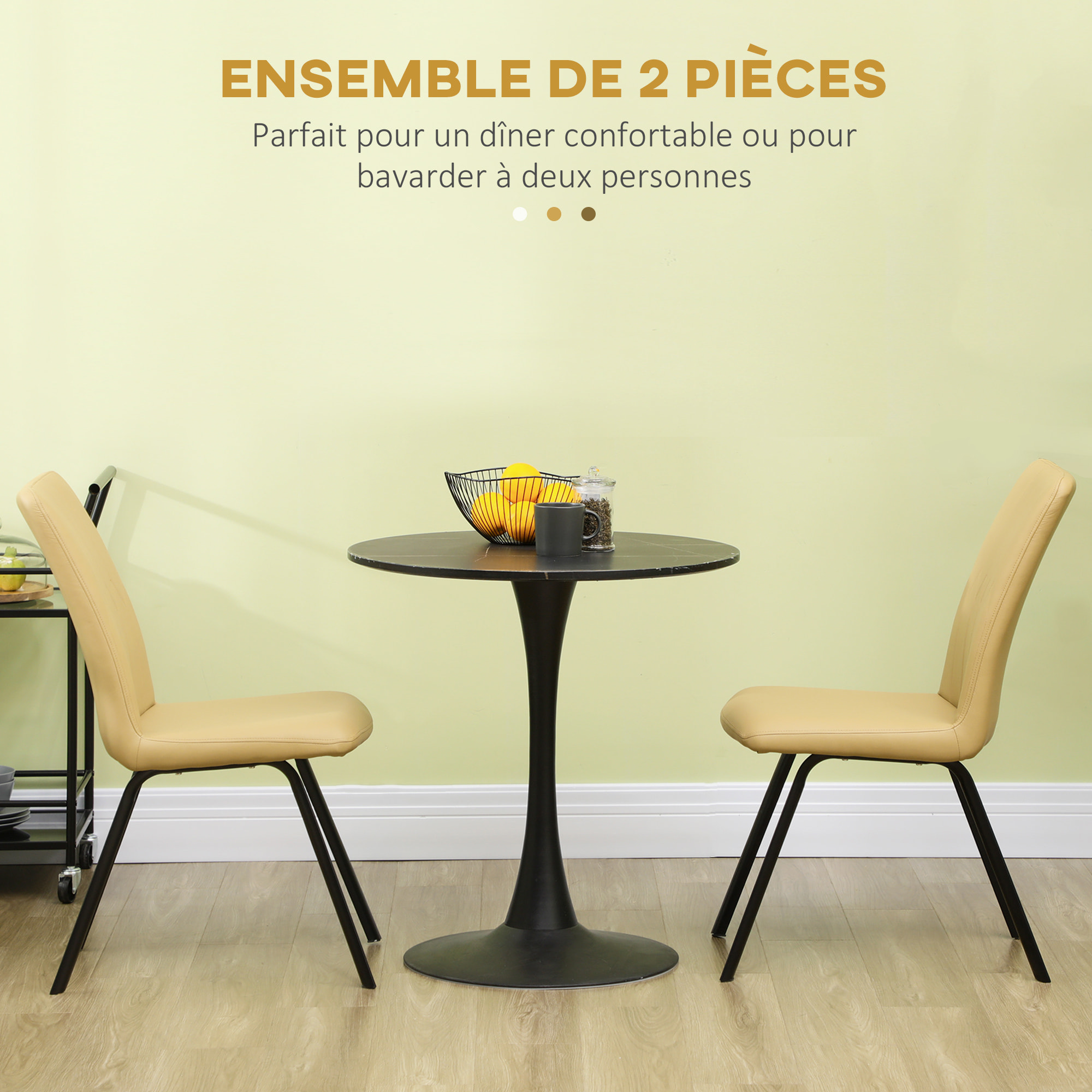 Lot de 2 chaises de salle à manger salon dossier surpiqûres piètement acier noir revêtement synthétique beige