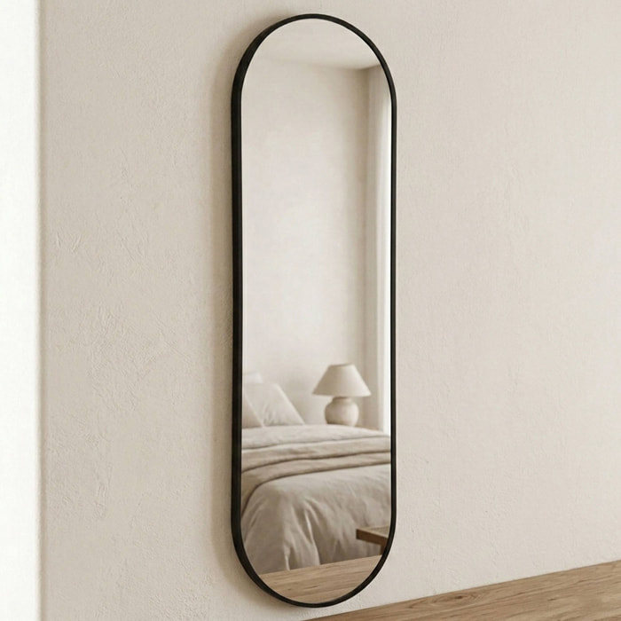 Espejo ovalado 30x100cm marco de madera con acabado negro, con gancho trasero para pared, ideal para dormitorio o pasillo