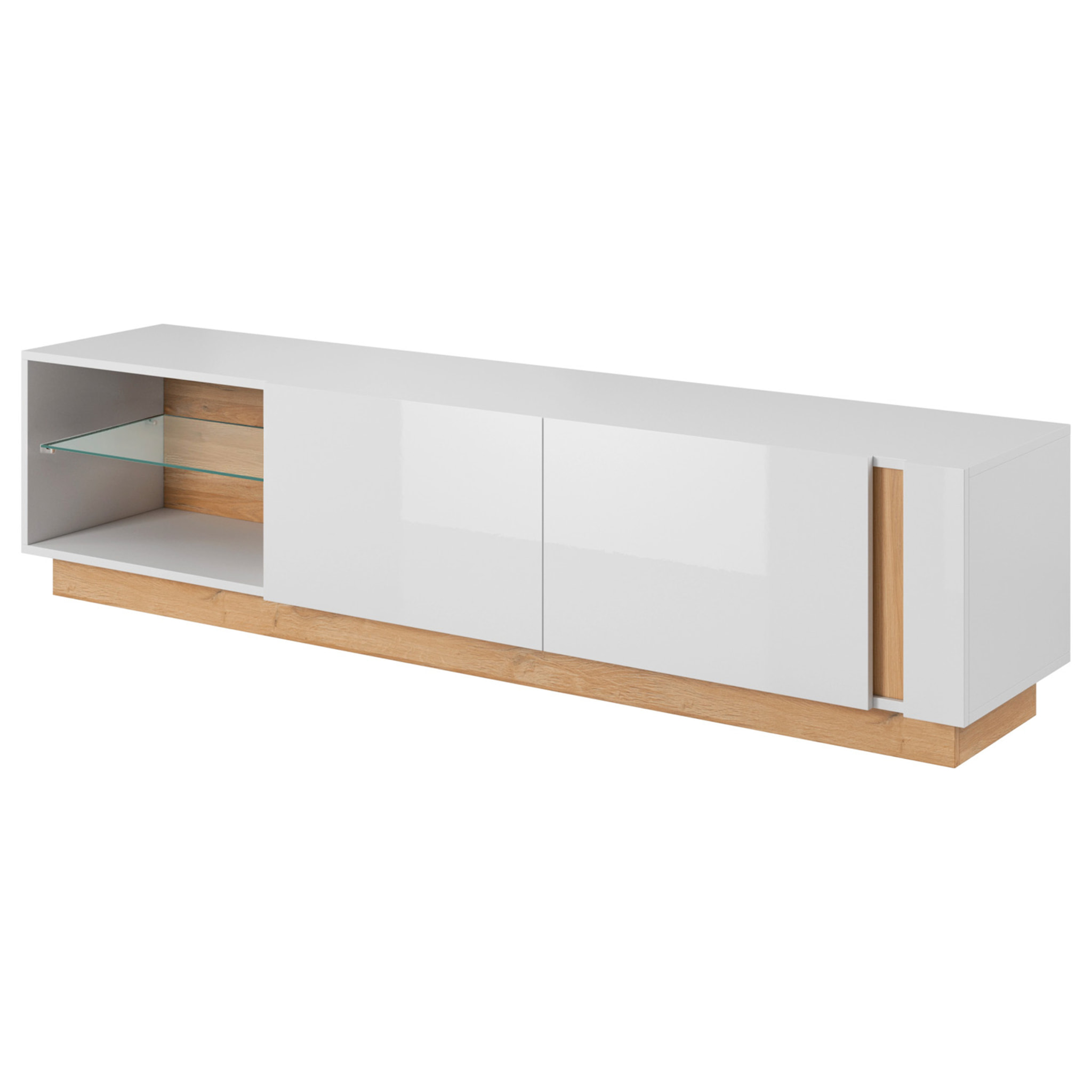 Porta TV Mobile Soggiorno Mobiletto Moderno Con Anta A gola E Vano Con Ripiano In Vetro Salvaspazio 45.5 x 40 x 187.5 Cm Bianco Lucido E Rovere