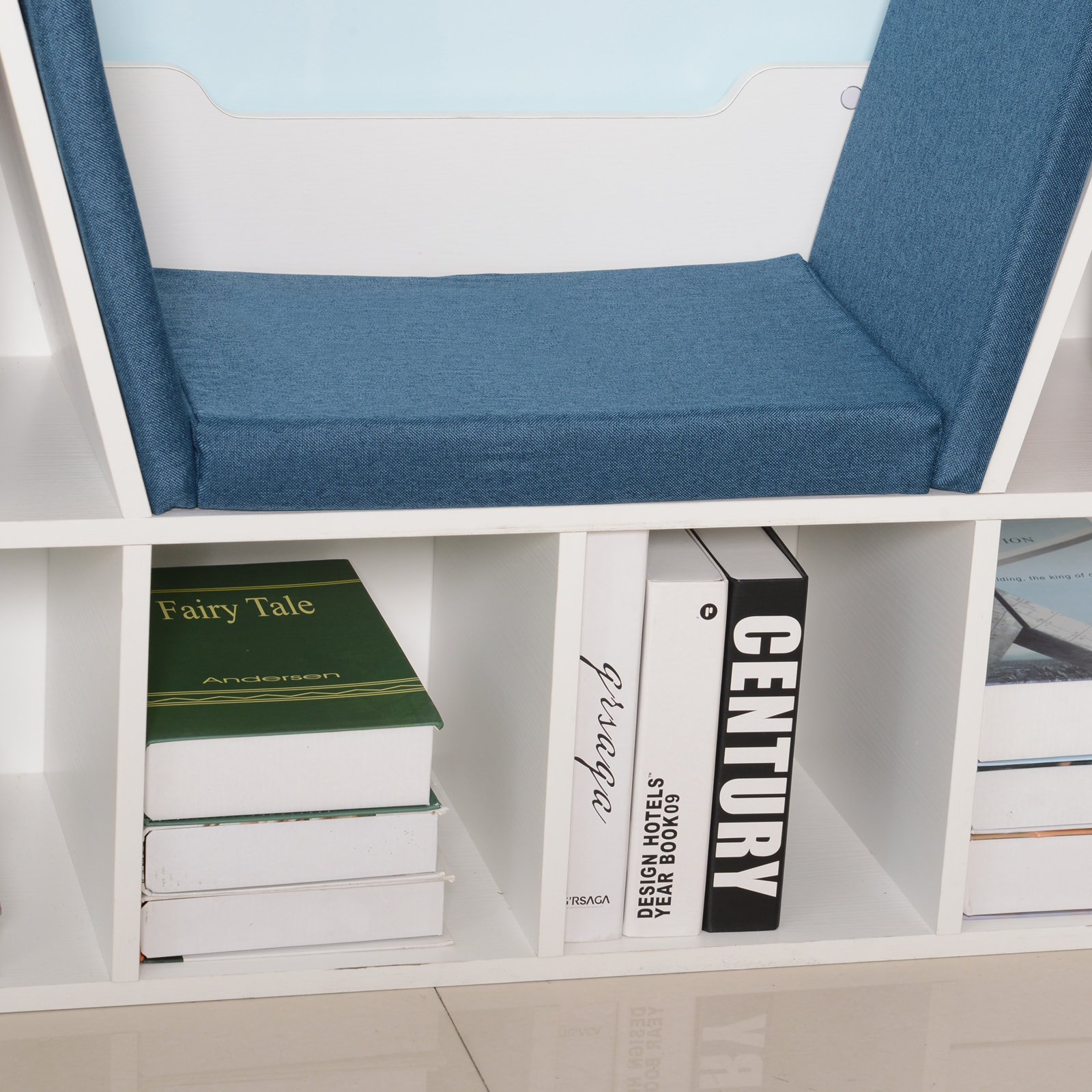 Bibliothèque banc 2 en 1 design contemporain 6 casiers 3 coussins fournis 102L x 30l x 61H cm blanc bleu