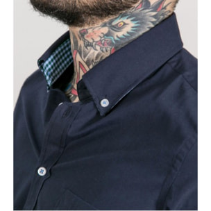Camicia Uomo 1 Bottone Button Down Manica Corta Slim Cotone Poliestere Unito Blu