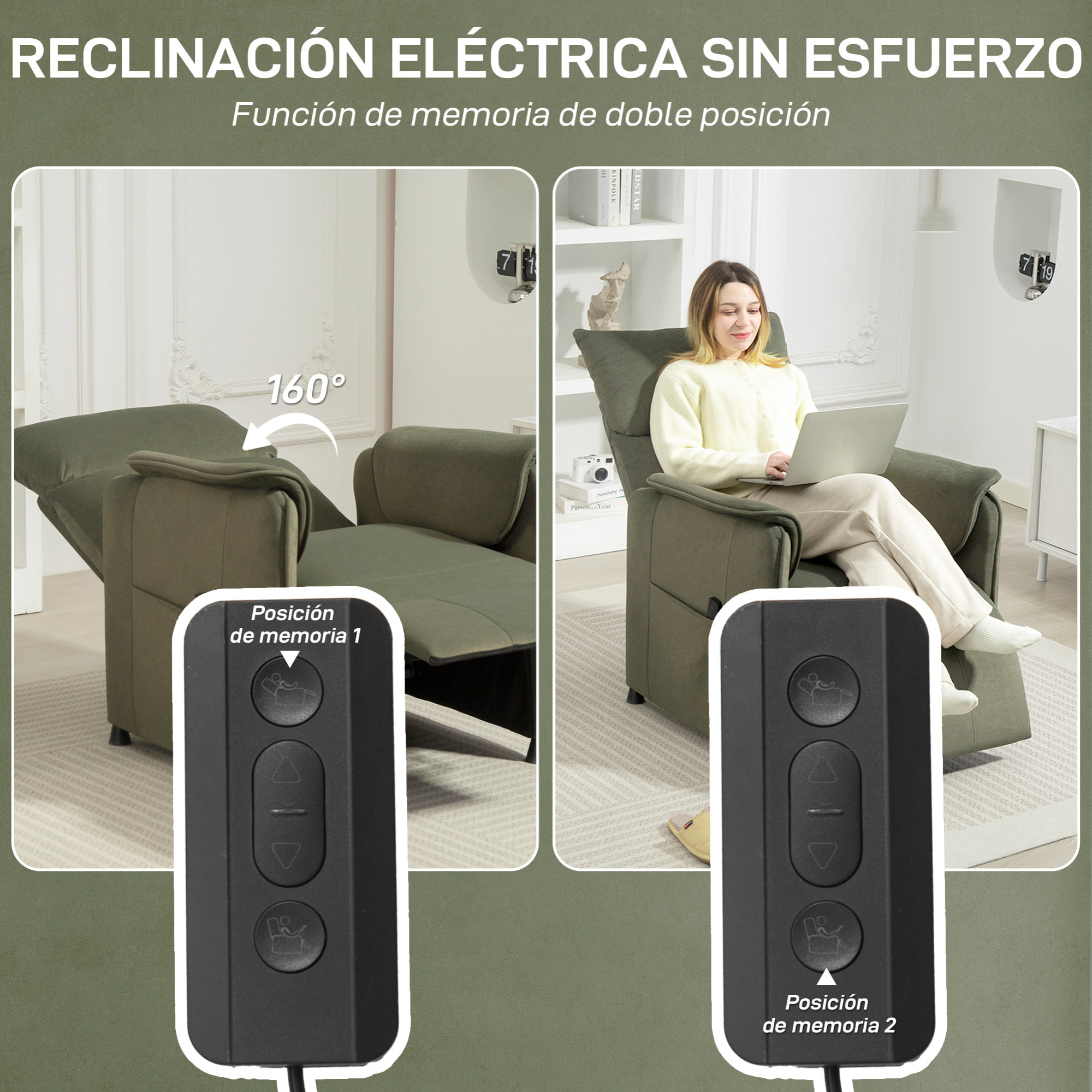 Sillón Relax Reclinable Eléctrico Sillón Reclinable Silencioso con Función Memoria Reposapiés Mando a Distancia Bolsillos Laterales Tela Apto para Mascotas para Dormitorio Salón Verde Oscuro