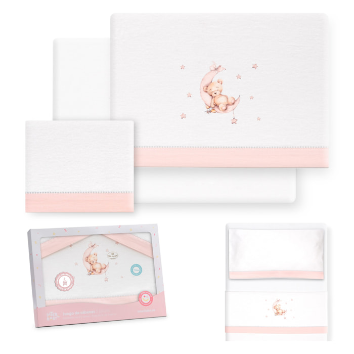Triptico Minicuna Franela Estampado Oso Luna Estrellas Bco/Rosa