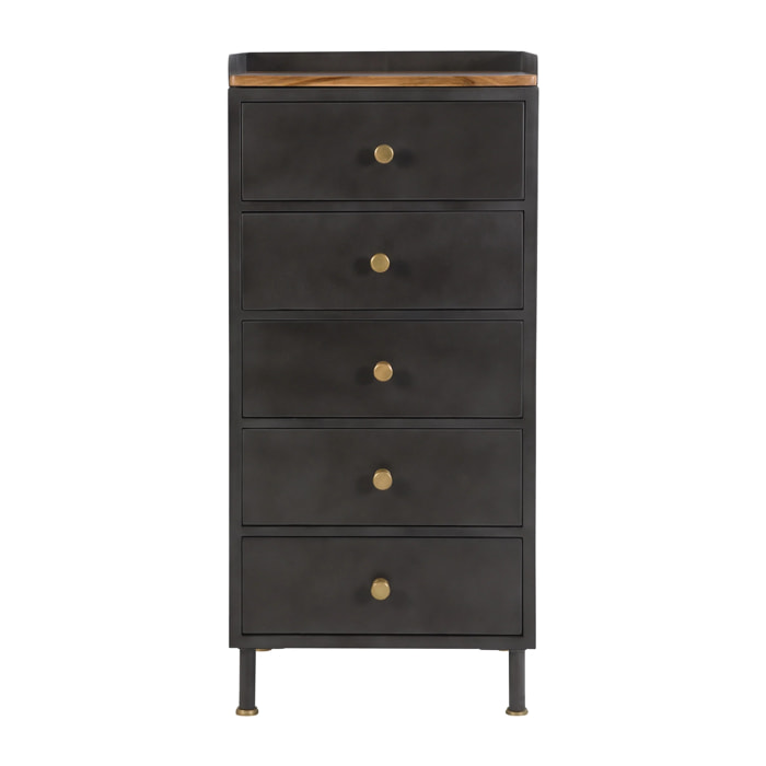 Chiffonnier 5 tiroirs en métal gris métallisé et bois de manguier - Gauthier