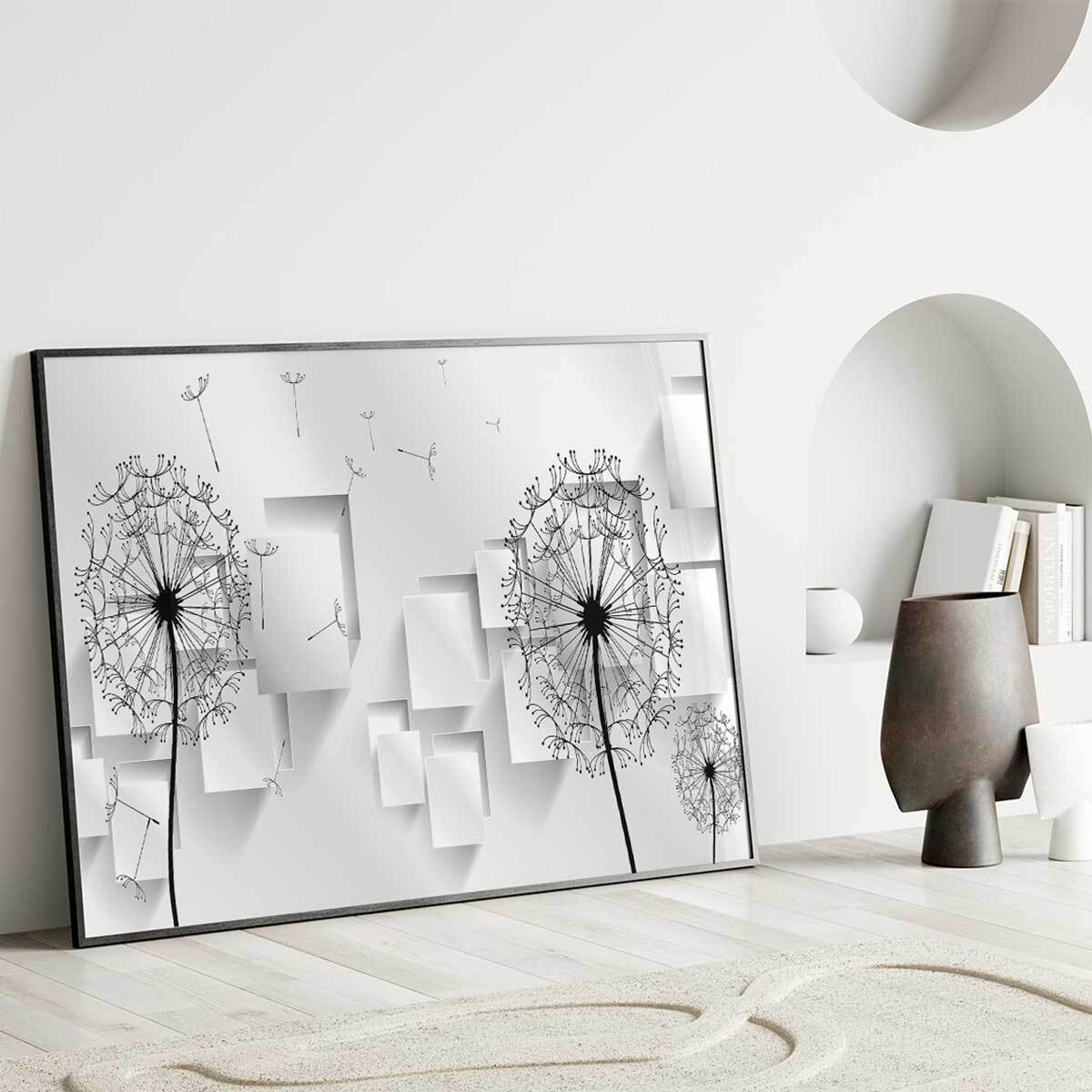 Affiche encadrée pissenlits graphiques noir et blanc Affiche + cadre en métal - Noir