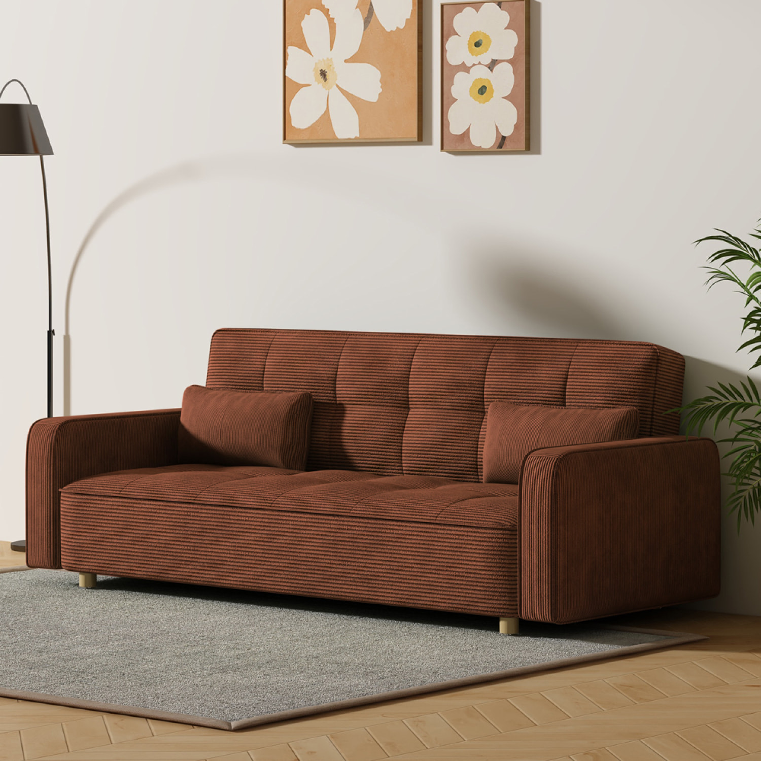 COOPER Canapé scandinave convertible 3 places en velours côtelé terracotta