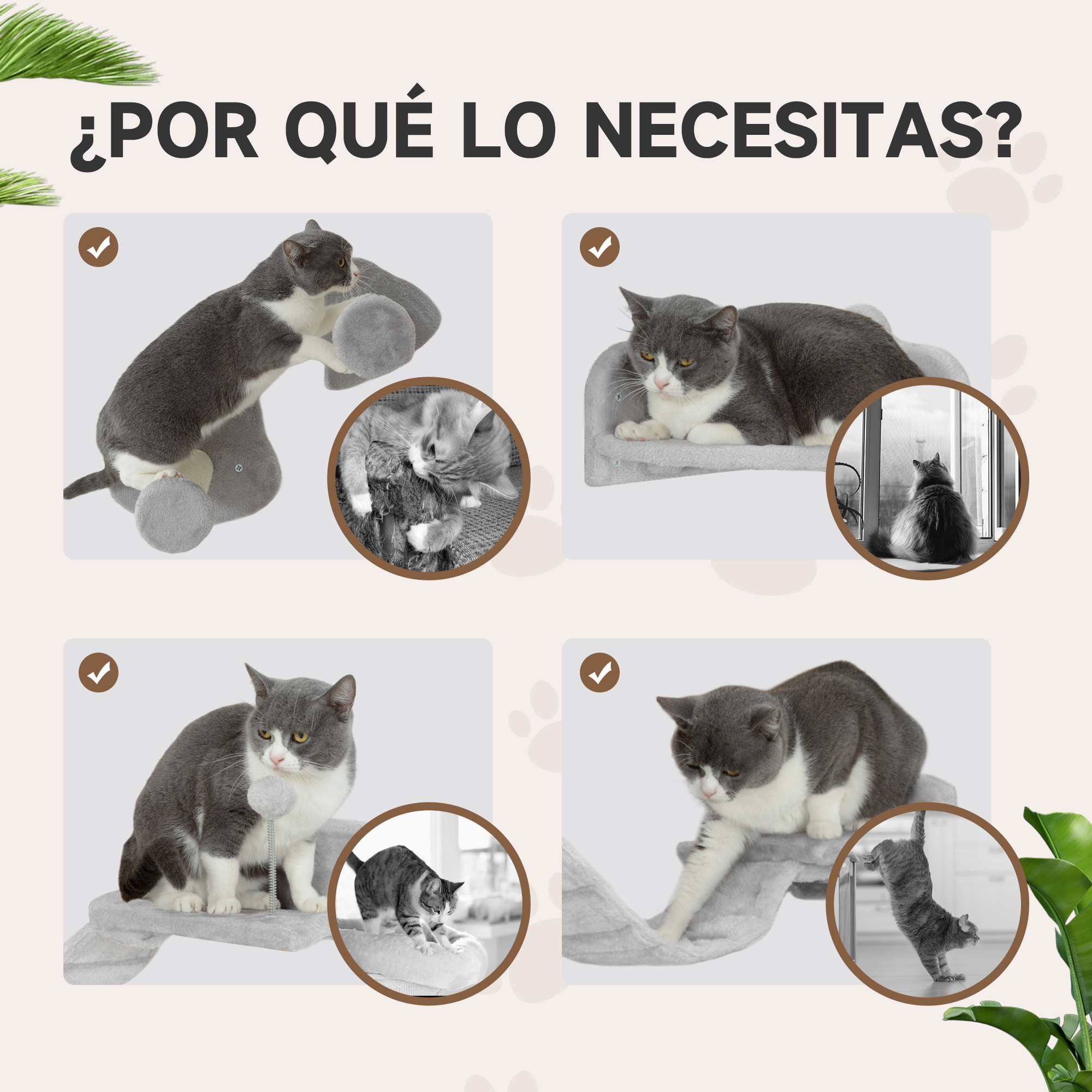 Juego de Estanterías para Gatos de 4 Piezas Rascador de Pared para Gatos con 2 Postes de Sisal Plataforma Doble con Escalera Suave y 1 Plataforma para Saltar Gris Claro