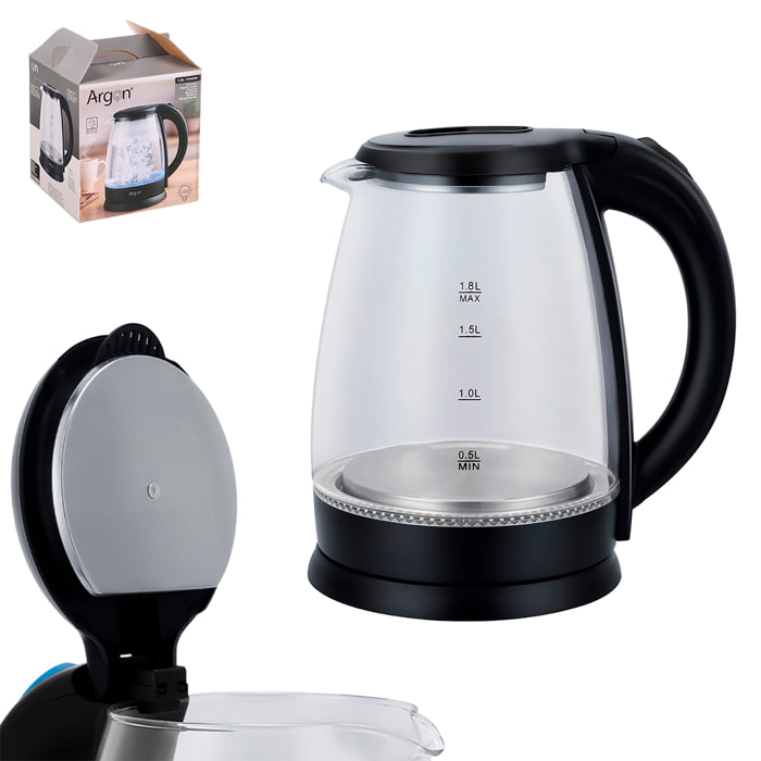 Bollitore in acciaio e borosilicato con luci LED. 1500W e capacità di 1,8L.