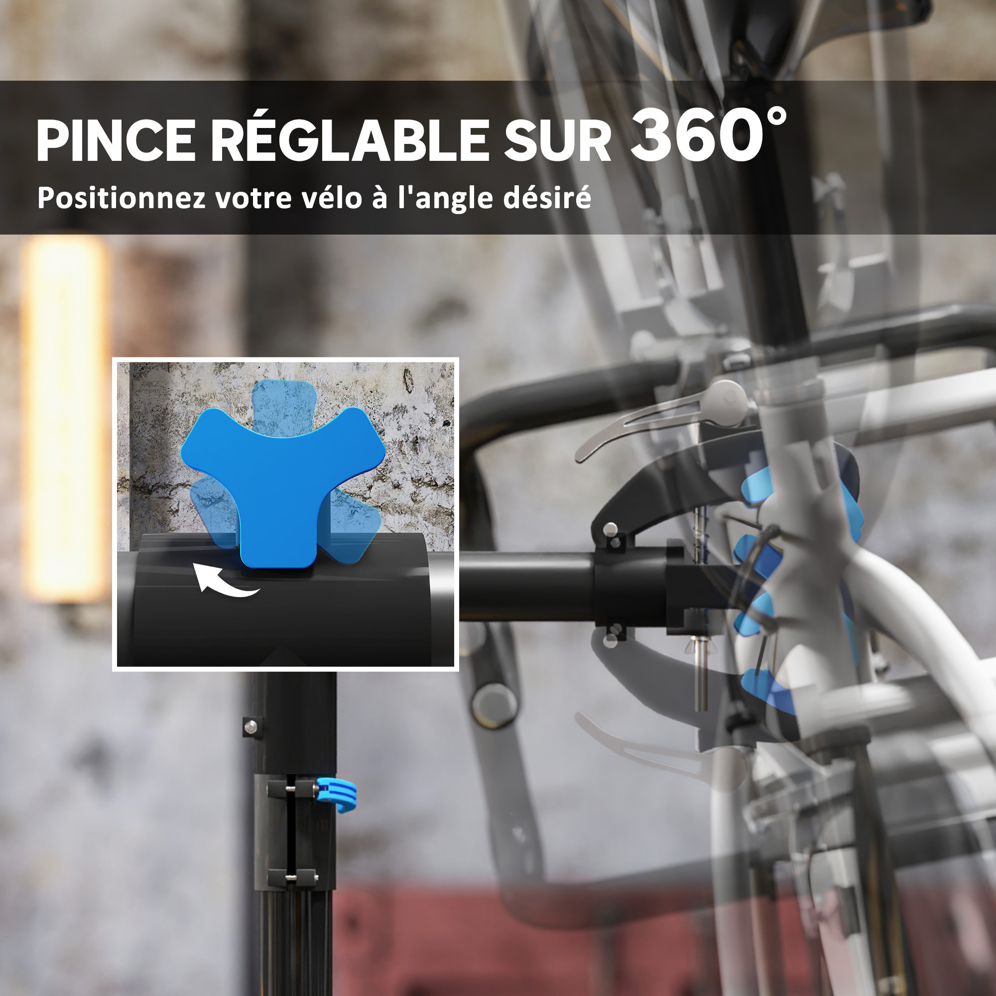 Support de réparation de vélo réglable - pied d'atelier vélo - pince pivotante 360° - charge max. 25 Kg - noir bleu