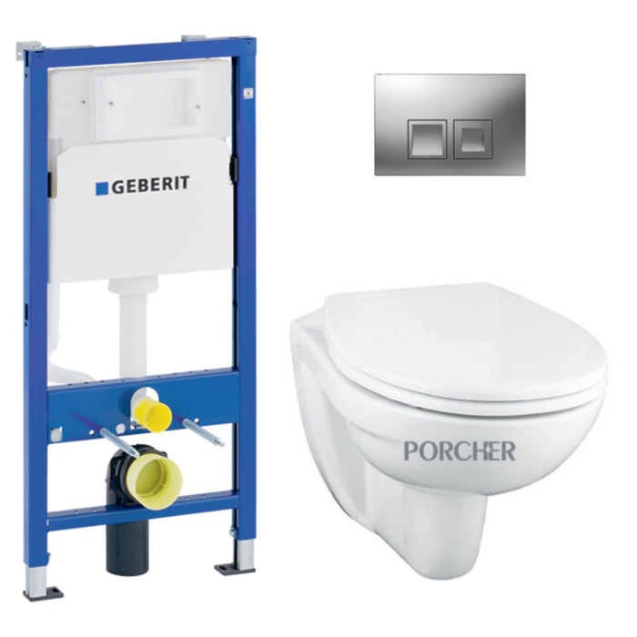 Pack WC bati support Geberit DuofixBasic + WC suspenduPorcher sans bride + plaque  DELTA50 chrome mat (PorcherGeb2)