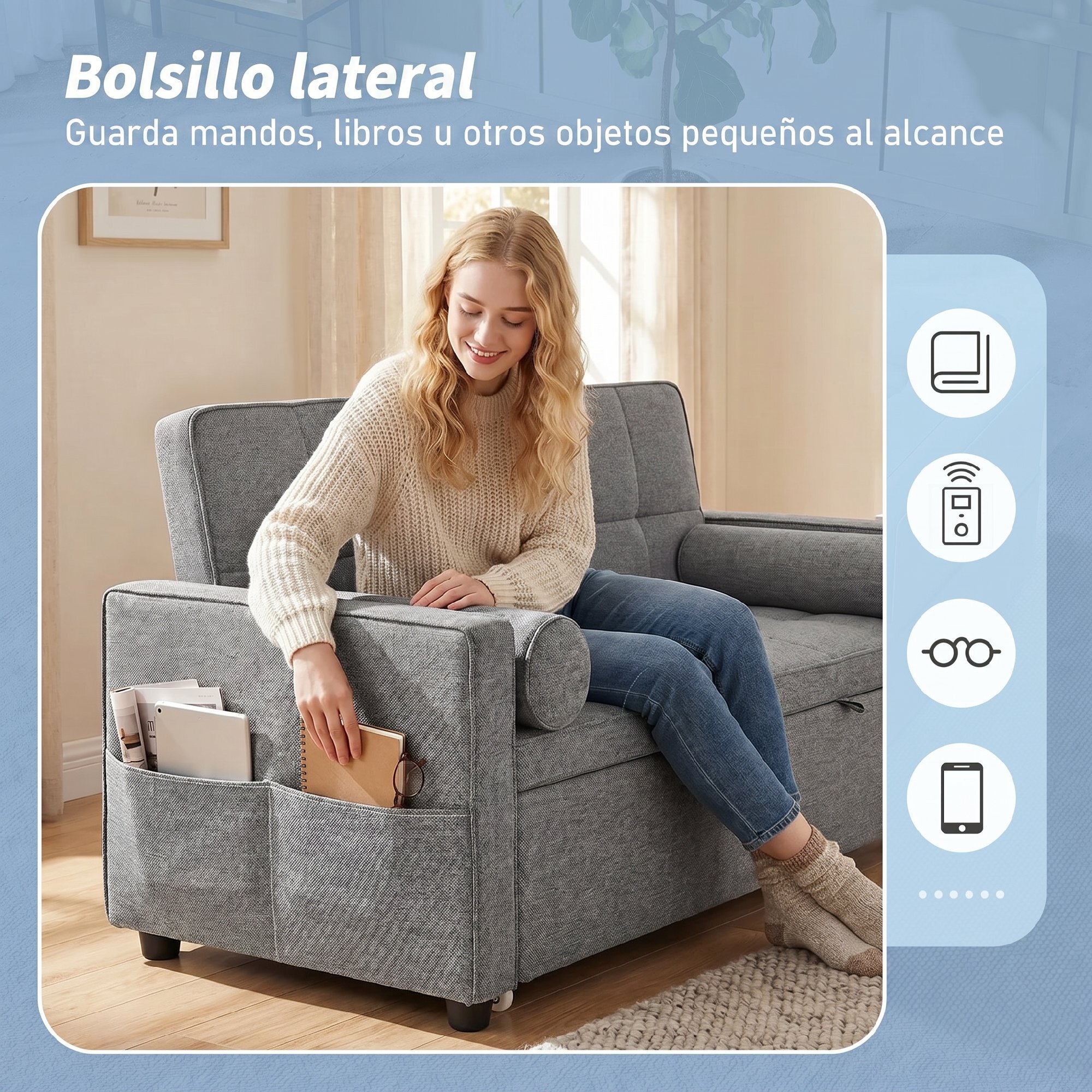HOMCOM Sofá Cama 2 Plazas 3 en 1, Sofá Cama Deslizantede Tejido Lino con Respaldo Ajustable 6 Niveles, Bolsillos Laterales, 2 Cojines con Fundas Extraíbles para Sala de Estar, Espacios Pequeños, Gris