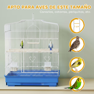 Jaula para Pájaros, Jaula de Acero para Pájaros con Puertas, 2 Comederos, 2 Perchas, Columpio, Bandeja Extraíble y Asa de Transporte, para Loro, Canario, Periquito, 46,5x36x59 cm, Azul