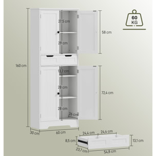 Meuble haut salle de bain 4 portes 3 étagères tiroir dim. 60 x 30 x 160 cm blanc